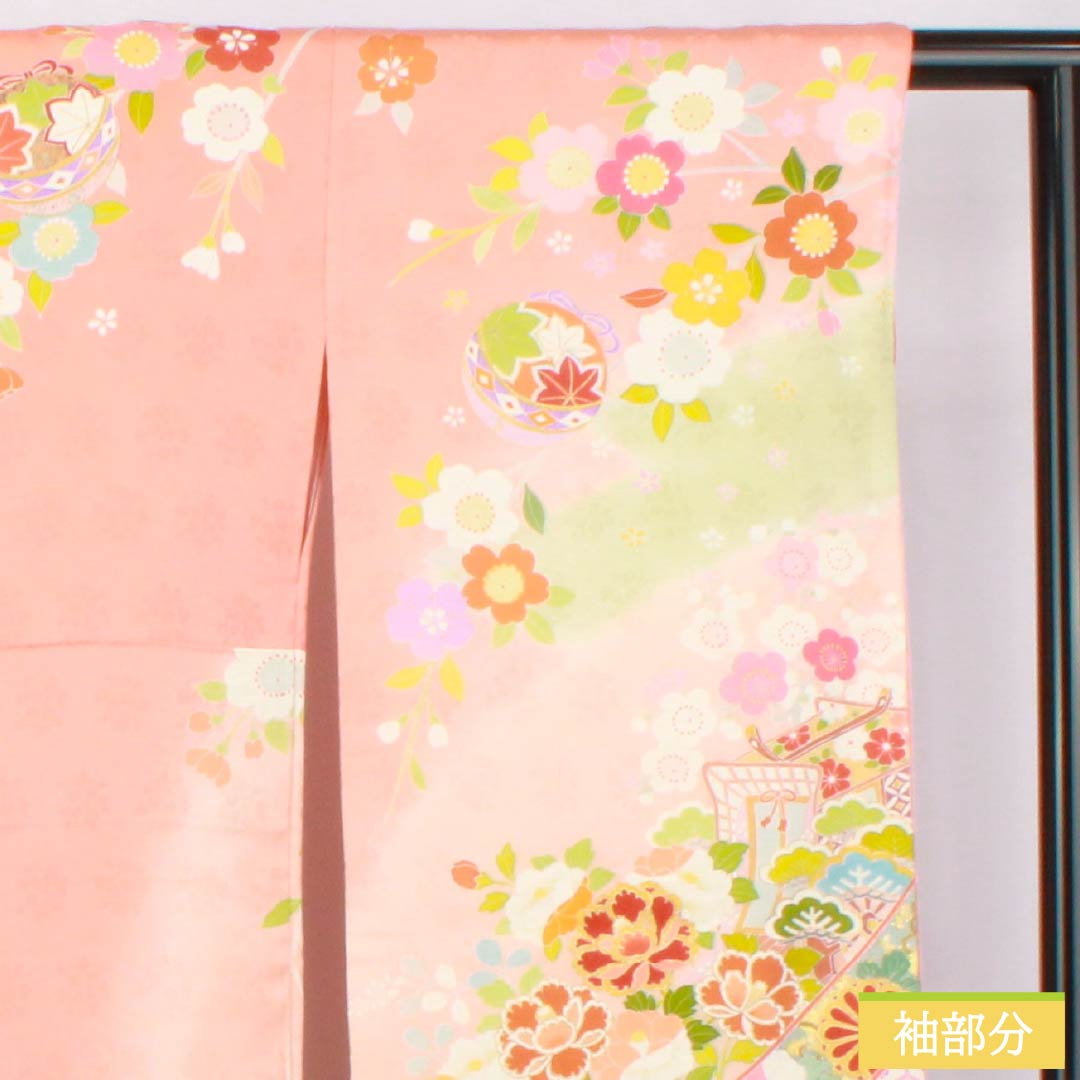 Silk Furisode, S Rank, Length 164.5cm, Sleeve-to-Sleeve 68cm, Lined, Coral Pink, Kyo Yuzen, Auspicious Patterns, Goshoguruma, Tanenoshi, Pearl Tone Processed, Pink Family, 1113002582413