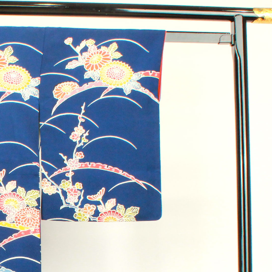 小紋 身丈156.5cm 裄丈62cm 袷  紺藍色 京紅型 菊 露芝  正絹 Sランク 紺系 1115003382318