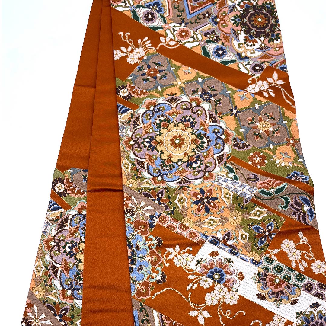 袋帯 赤蘇芳色（あかすおういろ） 白綾苑大庭 華文 帯丈440cm 正絹 Sランク 六通 フォーマル 朱系 1123008652316