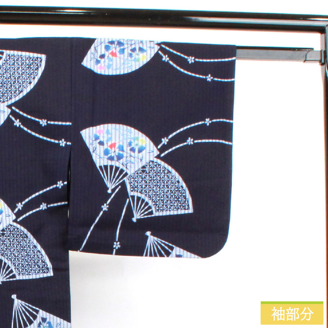 Yukata Cotton Length 160cm Sleeve length 65.5cm S rank Single layer Navy blue Folding fan Floral pattern 1118004522418