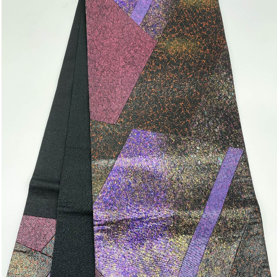Fukuro Obi (Sash) in Nambu navy blue (Nambushikon-iro) with cut inlay by Sayoko Yamaguchi, geometric pattern, obi length 460cm, pure silk, A rank, six-way, semi-formal, gradation style, 1123009743499