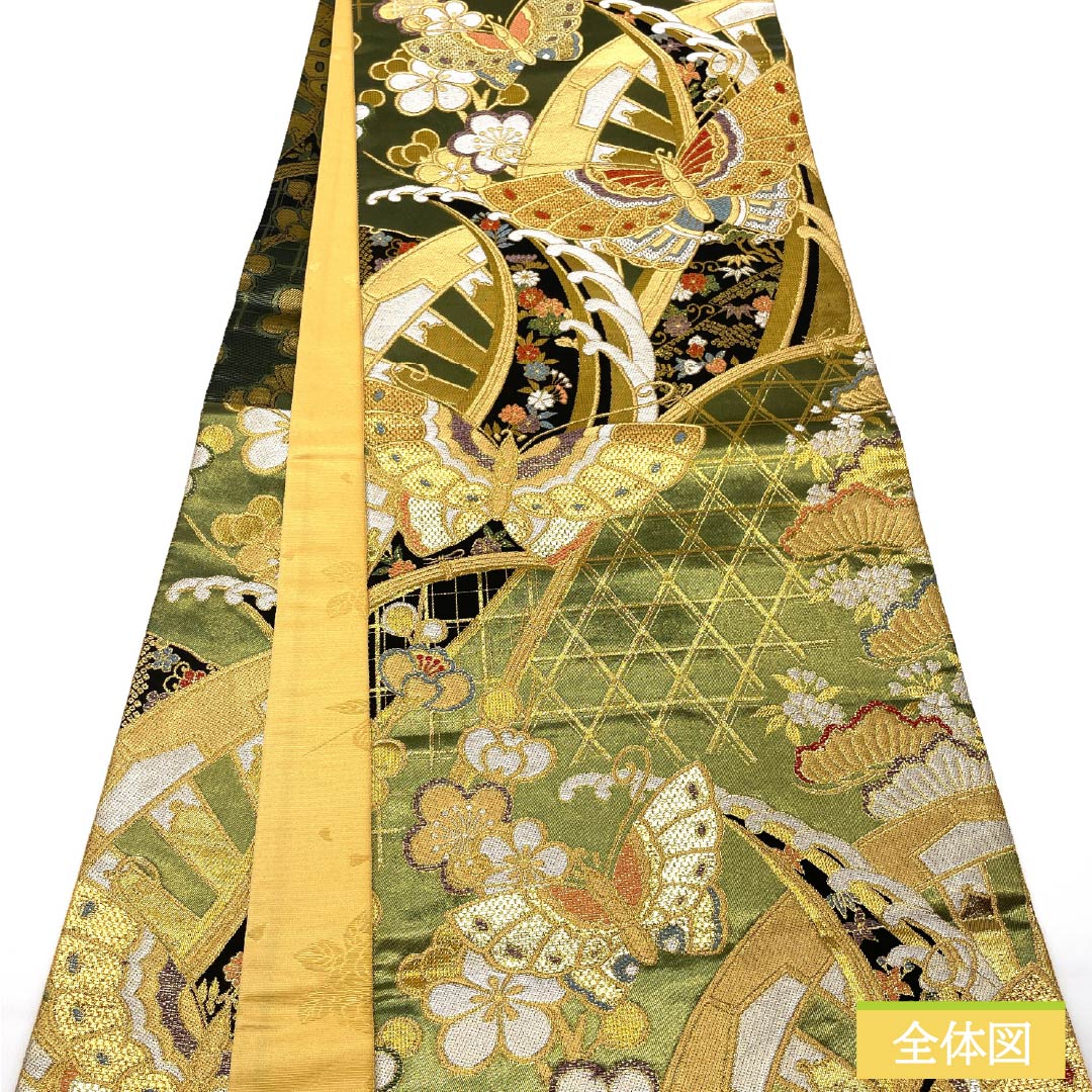 袋帯 正絹 織部色（おりべいろ） 振袖用 蝶 松竹梅 桜 帯丈428cm Sランク 六通 フォーマル 緑系 1123013392319