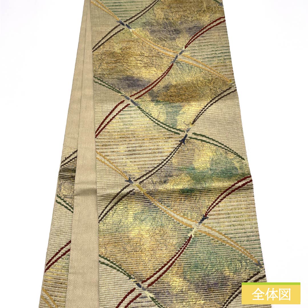 Fukuro Obi (sash) made of pure silk with a fan-shaped design, thick gold leaf and string pattern, 444cm long, S rank, six-fold obi, semi-formal, gradient pattern, product number 1123014902399