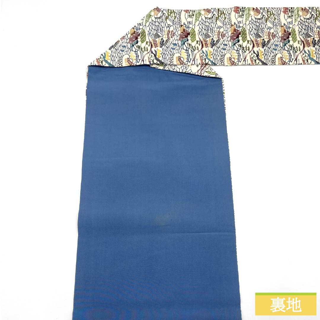 Nagoya Obi, Pure Silk, Grade A, Natural Color (Kinari-iro), Stencil Dyed with Bingata-inspired Landscape Pattern, Length 371cm, Six-fold, Casual, Cream-toned, Product Number 1124010593315, Nagoya Style