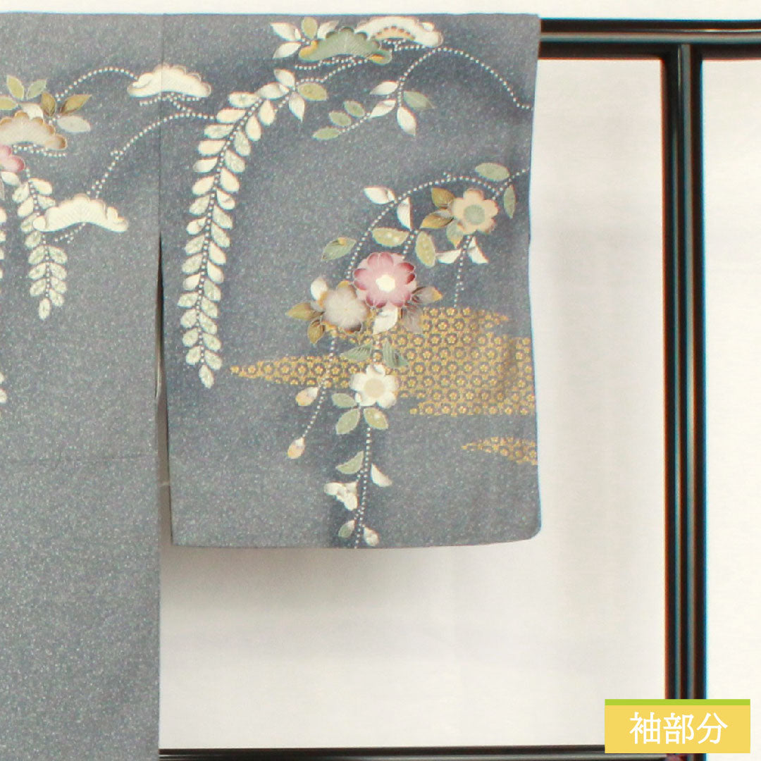 訪問着 正絹 袷 身丈155cm 裄丈63.5cm 青袋鼠色（せいたいねずいろ） 辻ヶ花 タタキ染 一つ紋 花紋 Sランク グレー系 1112005142322