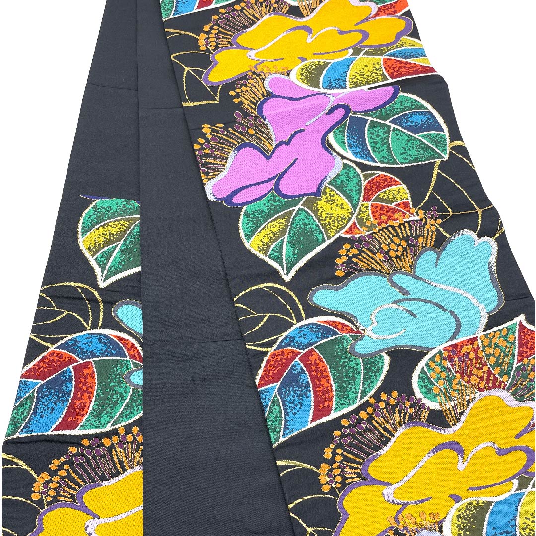 袋帯 黒色 白綾苑大庭 草花模様 帯丈430cm 正絹 Aランク 六通 フォーマル 黒系 1123005673310