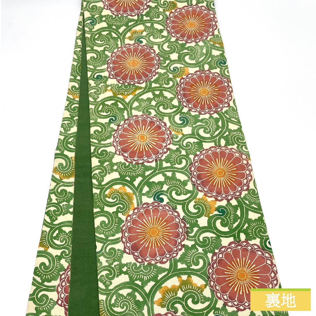 名古屋帯 生成り色（きなりいろ） 型染 菊 花唐草 帯丈366cm 正絹 Aランク 全通 カジュアル クリーム系 1124006603315 開き仕立て