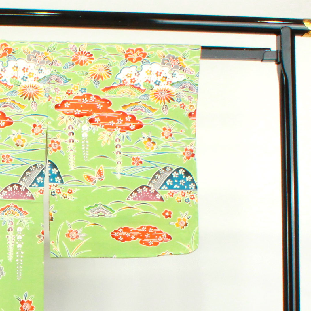 Homongi, pure silk, lined, length 162.5cm, sleeve length 65cm, light green, Kyoto Bingata, auspicious motif, with basting thread, S rank, green, 1112003222419