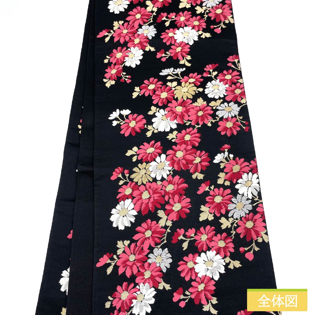 Formal black silk obi for furisode (long-sleeved kimono), floral pattern, 410cm long, S rank, six-fold hem, 1123014102310
