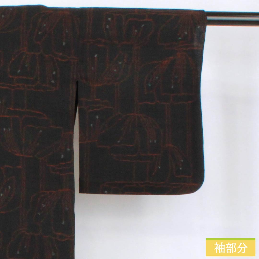 Pure silk tsumugi (pongee) kimono, Grade A, length 161cm, sleeve length 63.5cm, with a floral pattern, black, single layer, product number 1116004403410
