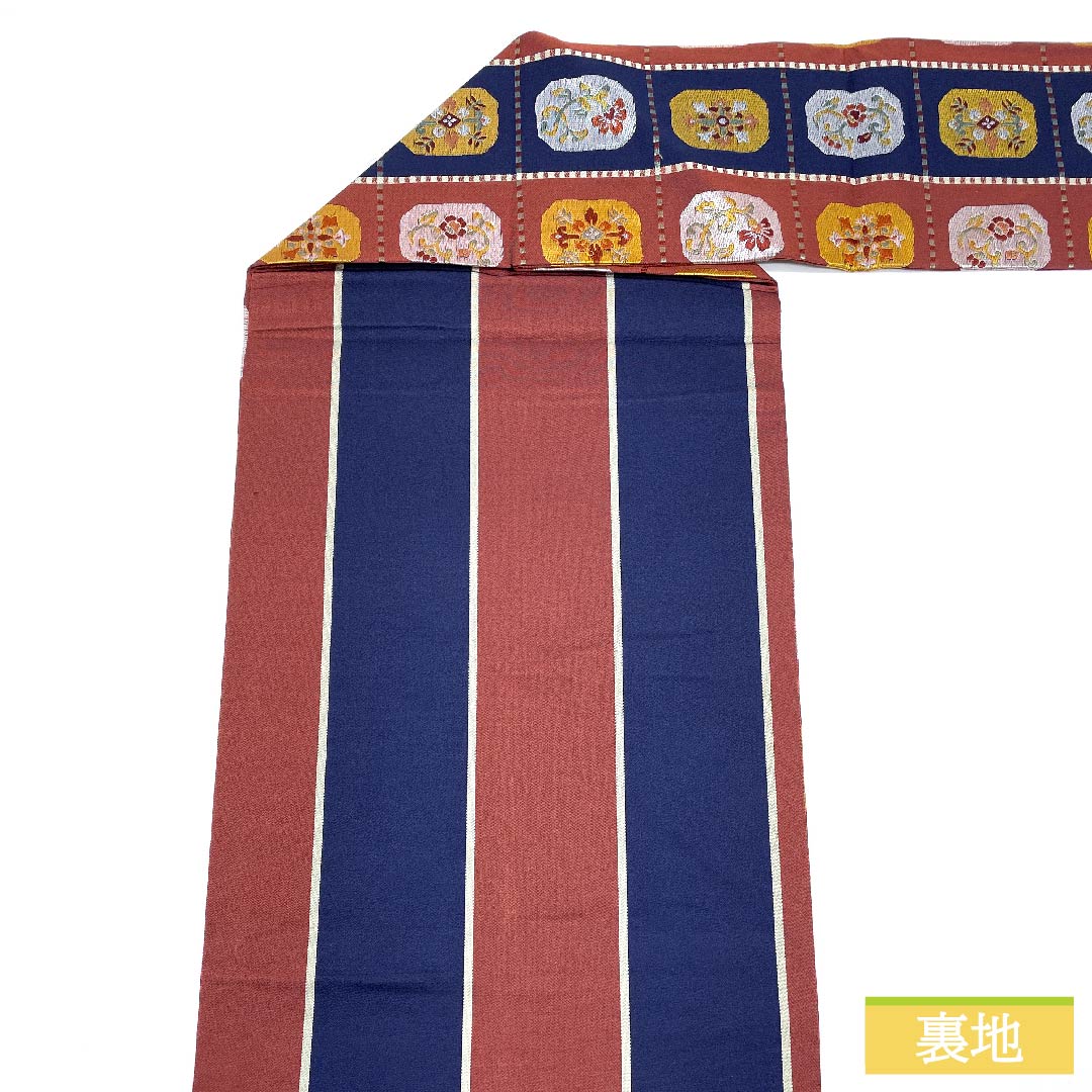 名古屋帯 正絹 蘇芳色（すおういろ） 市松 抽象花模様 帯丈358cm Sランク 六通 カジュアル 茶系 1124006412314 名古屋仕立て