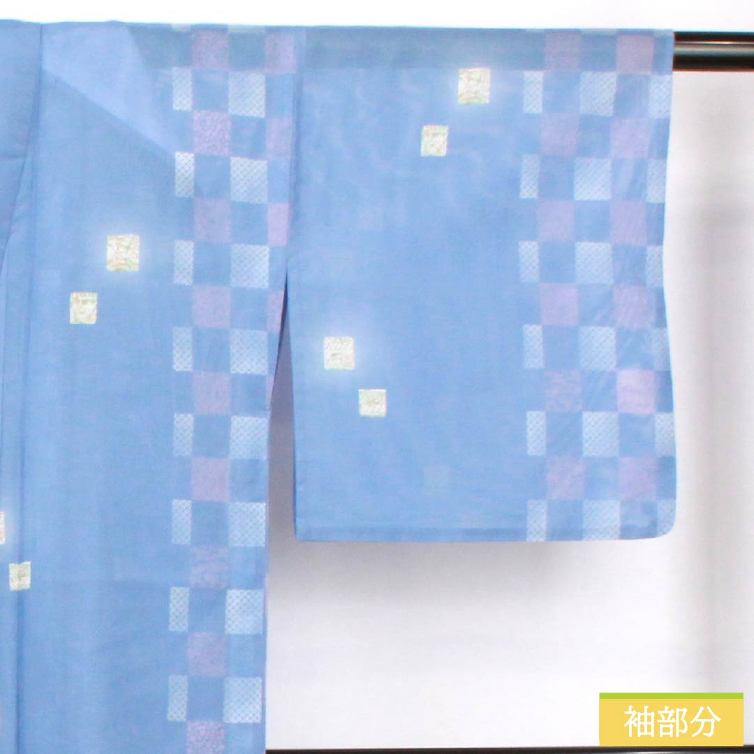 夏物 ポリエステル 小紋 身丈165cm 裄丈67.5cm 紺藤色（こんふじいろ） 市松模様 洗える着物 絽 Aランク 青系 1132002183517