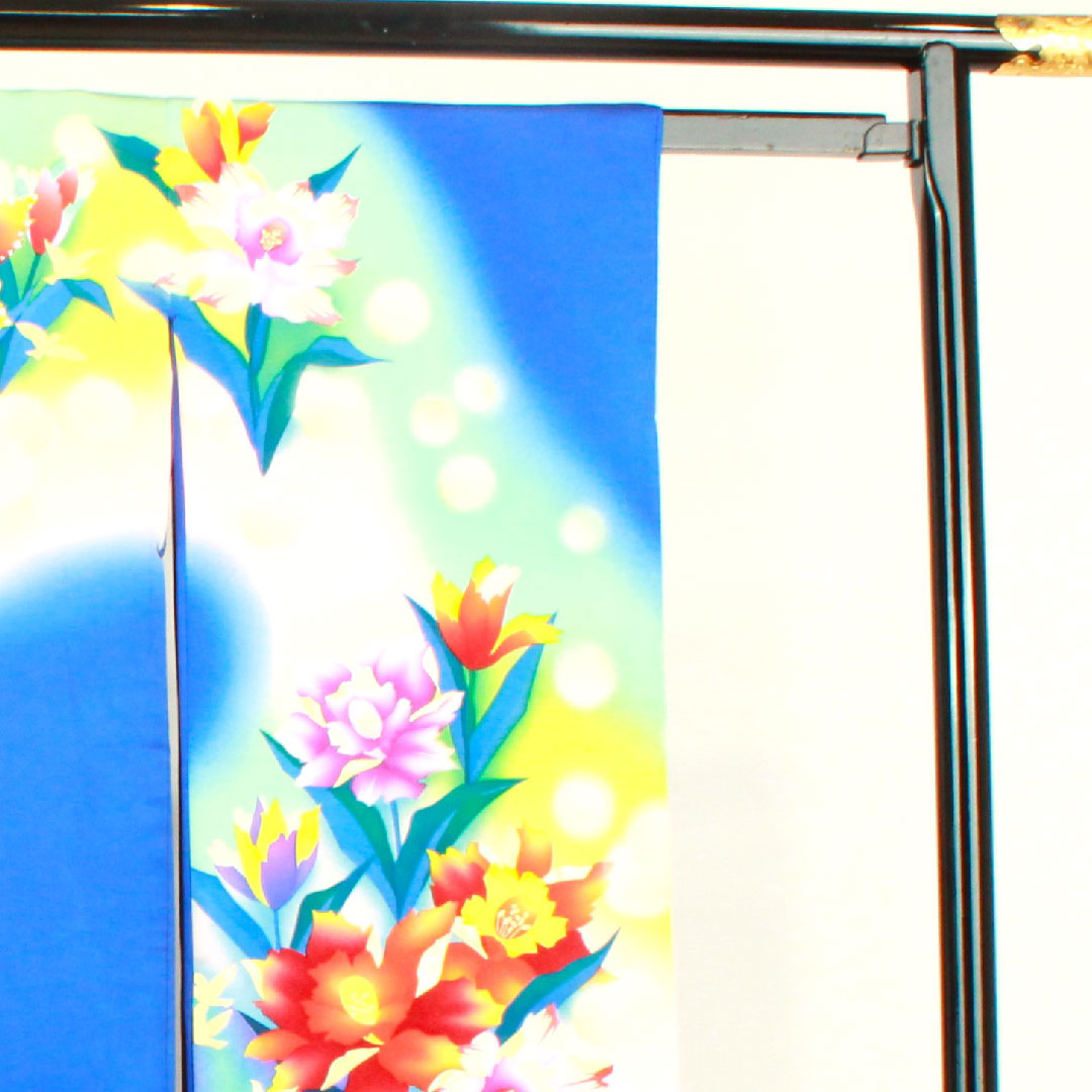 振袖 身丈176.5cm 裄丈64cm 袷  瑠璃色 花鳥模様  正絹 Bランク 紺系 1113001484818