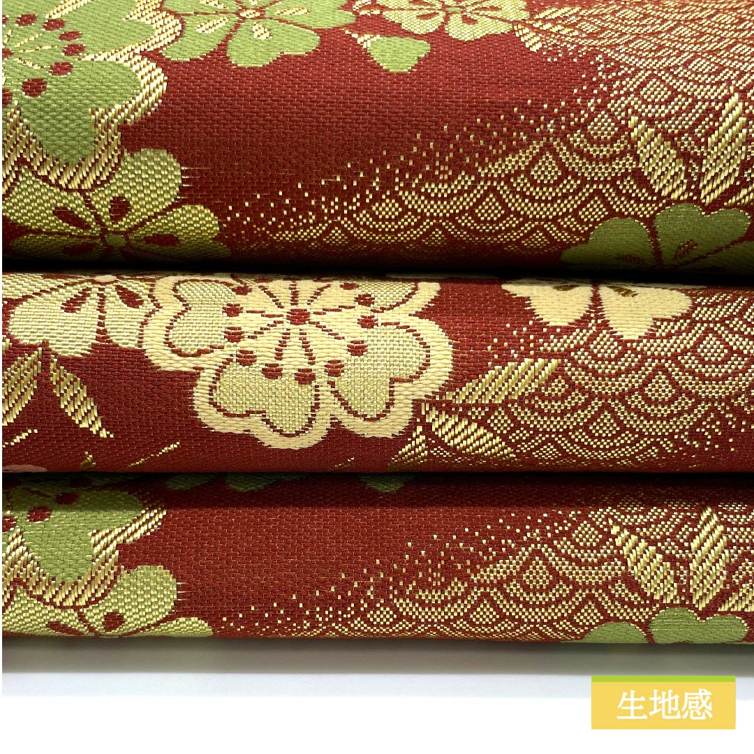 【Unstitched】Half-width Obi Polyester S-rank Shrimp Red (Ebi-akairo) Cherry Blossom Floral Seigaiha Classic Pattern Obi Length 412cm Brown Family 1125001162414