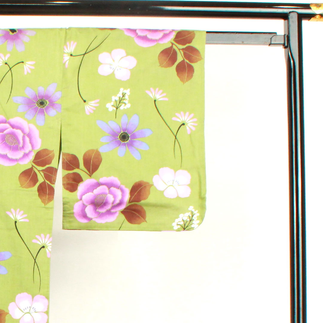 Yukata, green, floral pattern, cotton, S rank, single layer, length 162cm, sleeve length 62cm, green 1118001142419