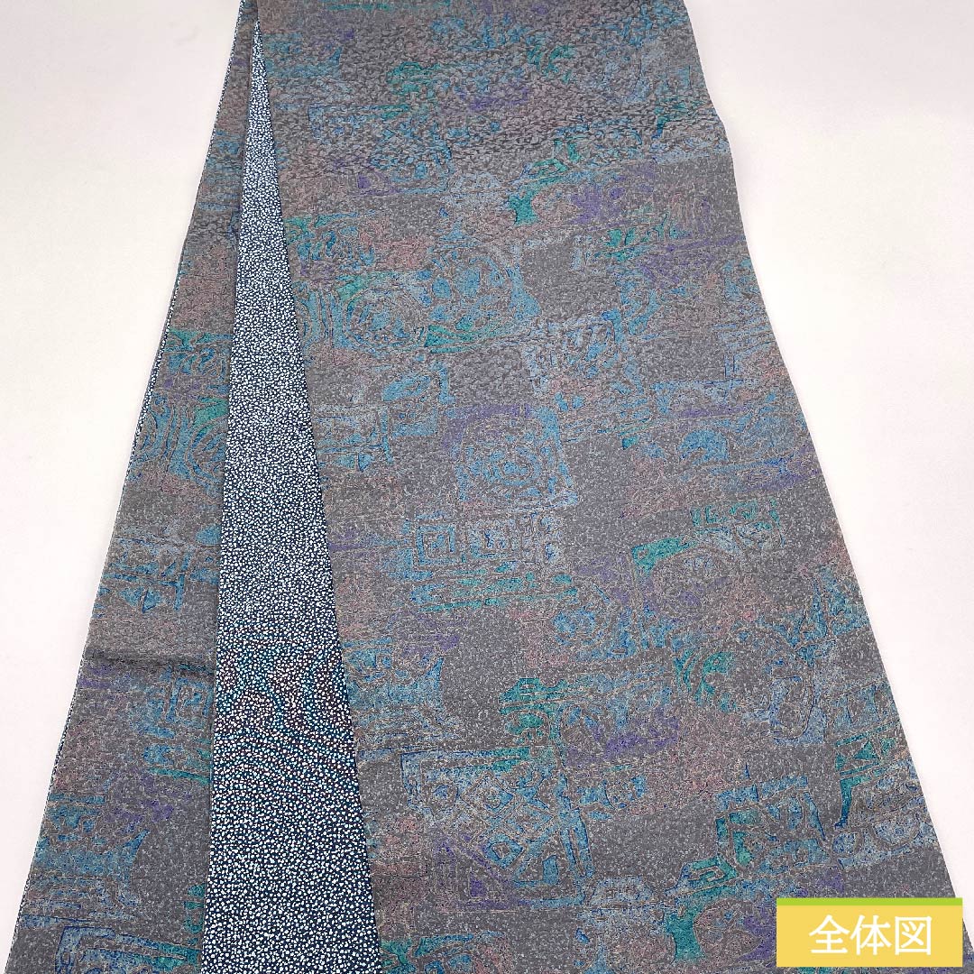 Fukuro Obi (Dyed Obi) in Grayish Grey, Dyed Obi with Geometric Pattern, Extra Long, Length 524cm, Pure Silk, S Rank, Full Length, Casual, Gray, 1123009892422