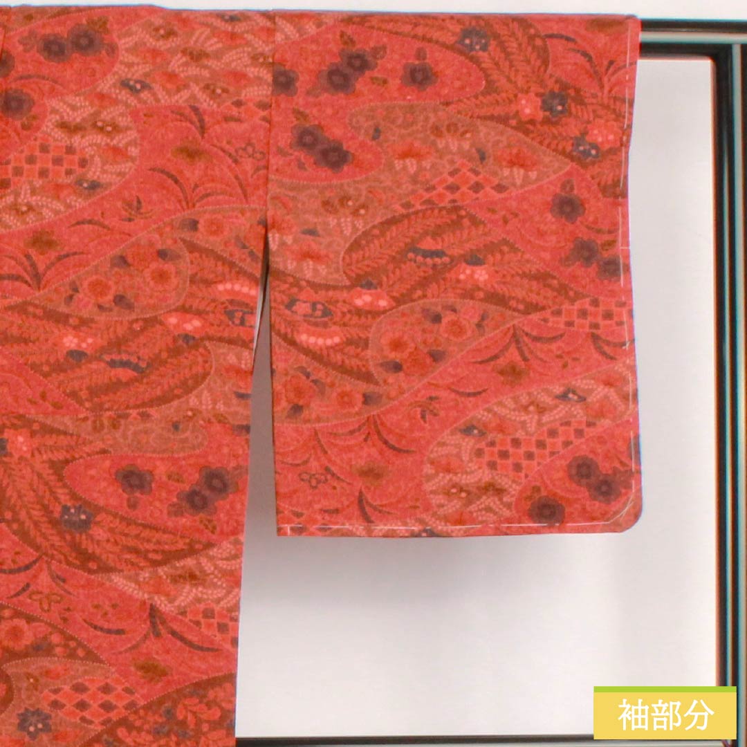 Komon, pure silk, length 161cm, sleeve length 67cm, lined, deep maple leaf color (koimomijiiro), Tsujigahana, with basting thread, S rank, vermilion, 1115005302416