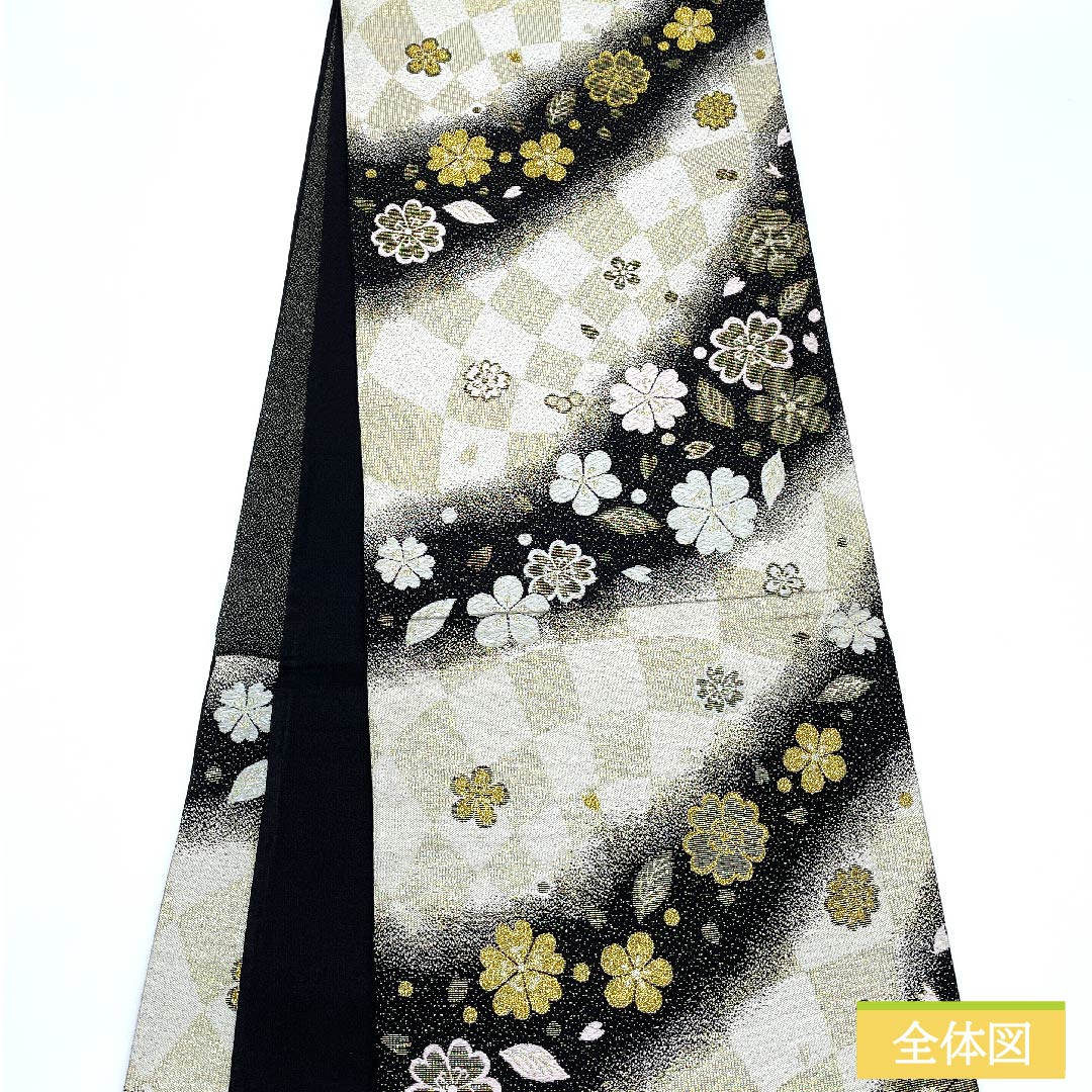 Fukuro Obi, pure silk, chalky white, cherry blossom, plum, checkered pattern, obi length 436cm, S rank, six-pass, formal, white, 1123011492311