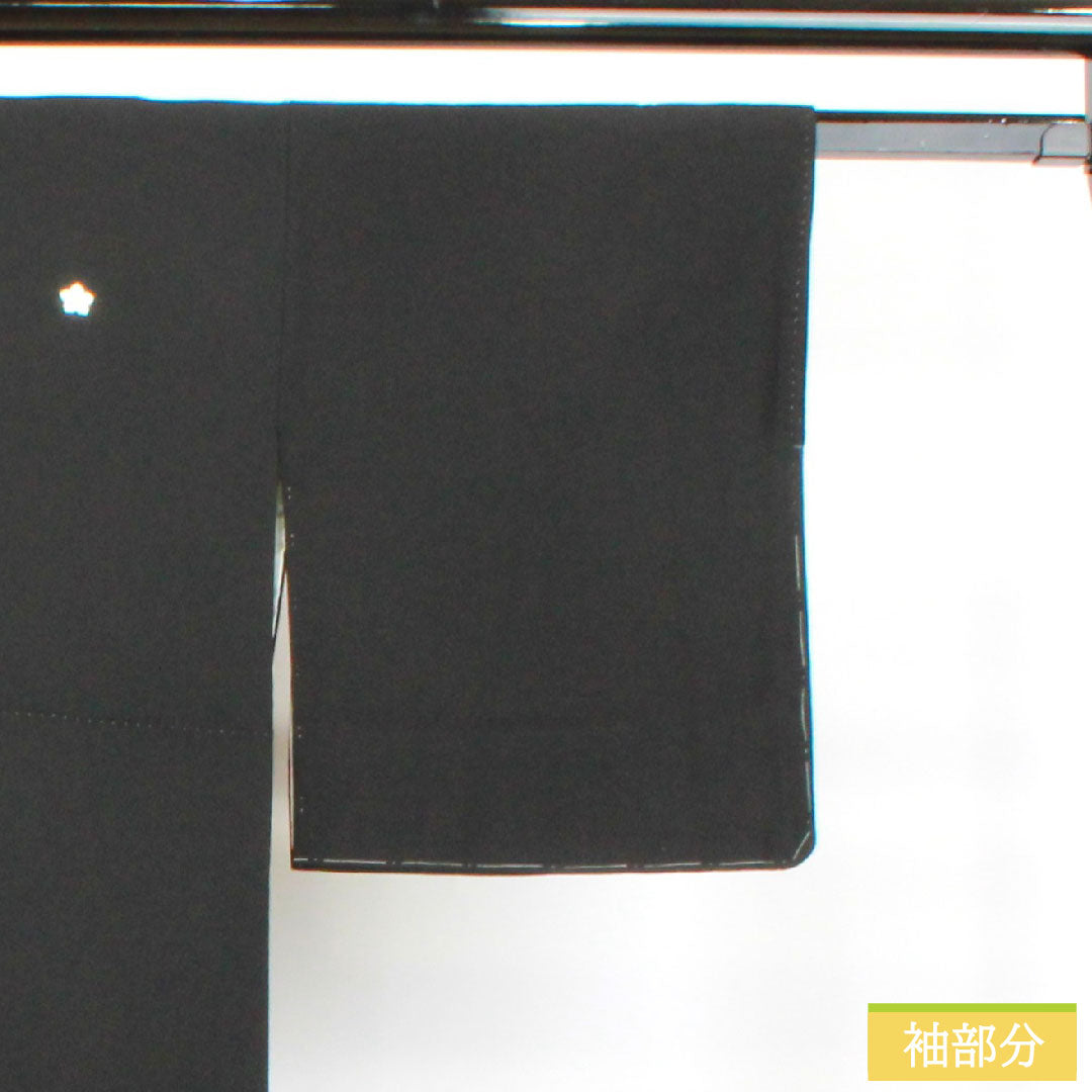 Black formal kimono, pure silk, length 152.5cm, sleeve length 63cm, lined, Kyoto Yuzen, crane, artist's work, hidden plaid, five crests, bellflower, S rank, black, 1111001392210