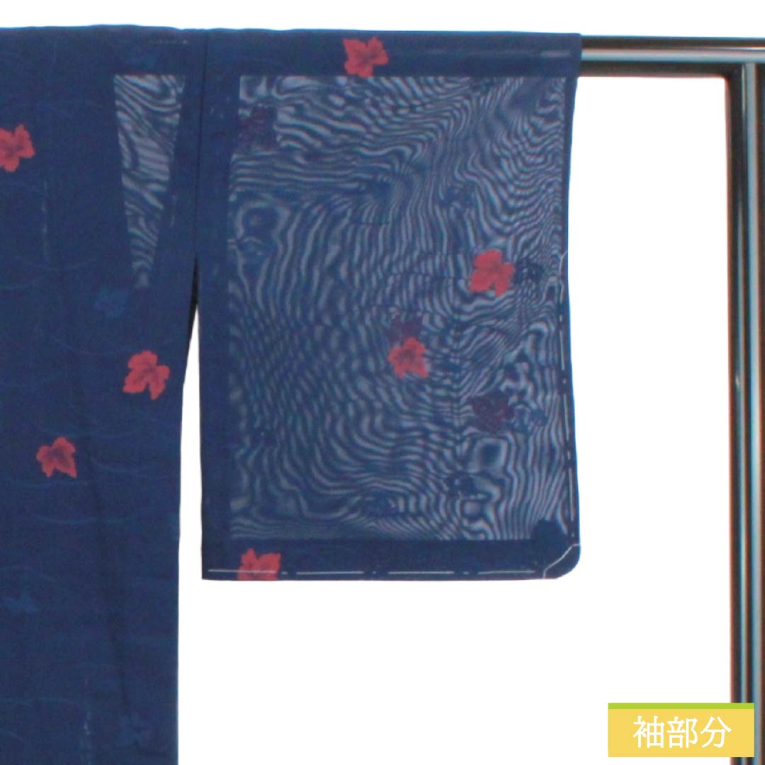 夏物 正絹 お召 Sランク 身丈161.5cm 裄丈64cm 紺色（こんいろ） 露芝 葉っぱ 紗 紺系 1132004342418