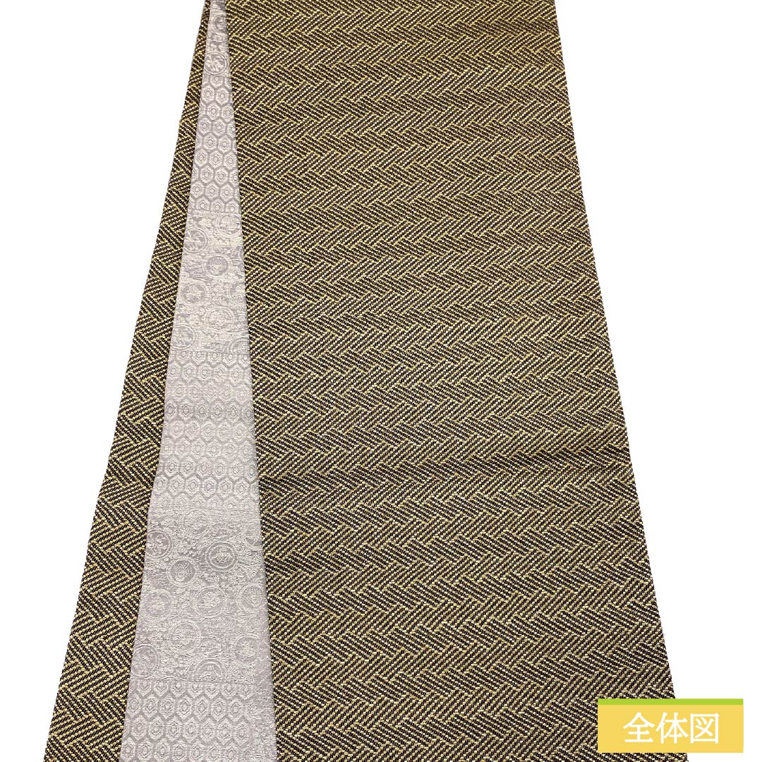 Fukuro Obi (Sash) - Pure Silk, Geometric Pattern, Length 444cm, S-Rank, Pointed Design, Gold, Semi-Formal, Item Number: 1123014772321