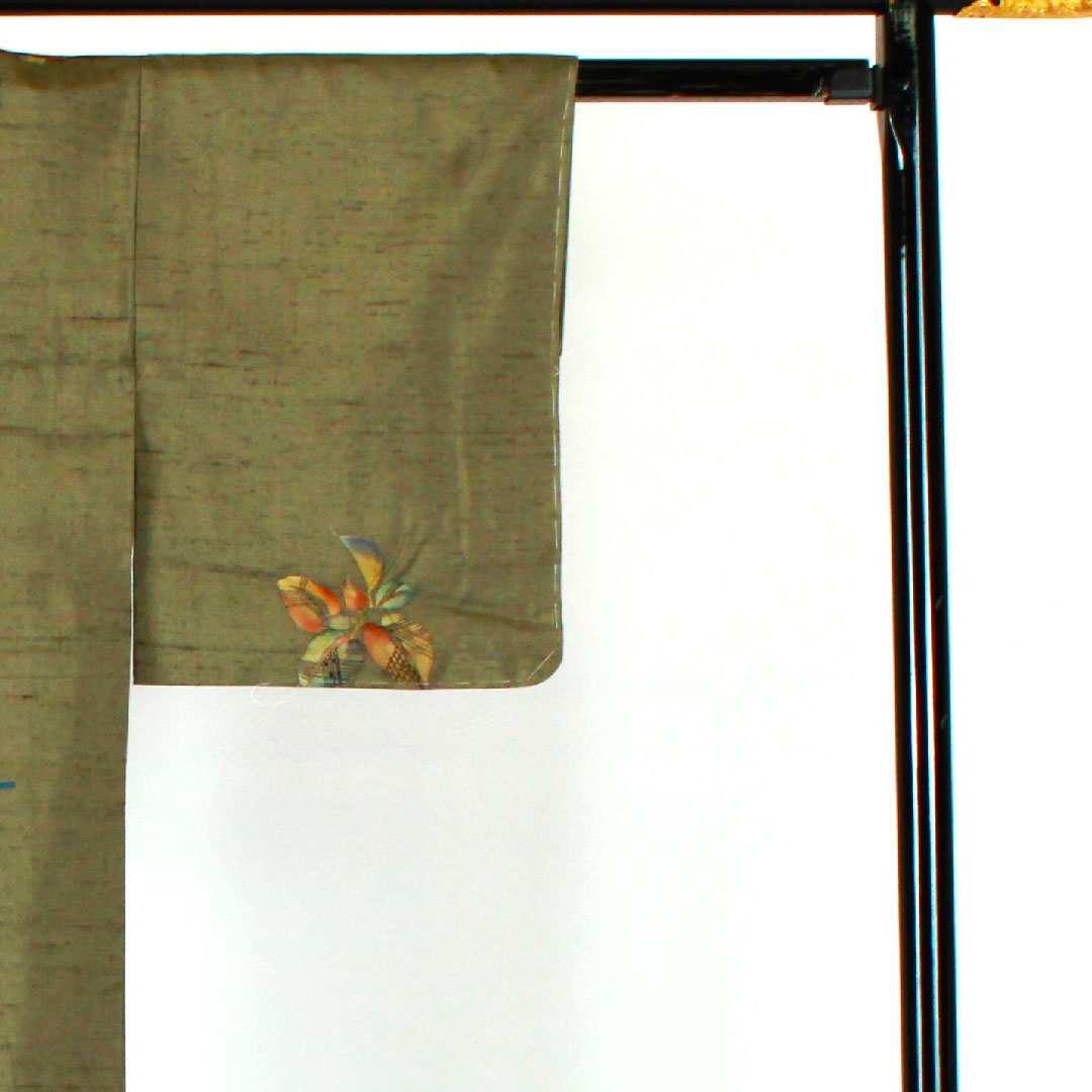 Tsumugi Length 150cm Sleeve length 62cm Striped pattern Hand-woven Pure silk S rank Awase Green 1116001012219