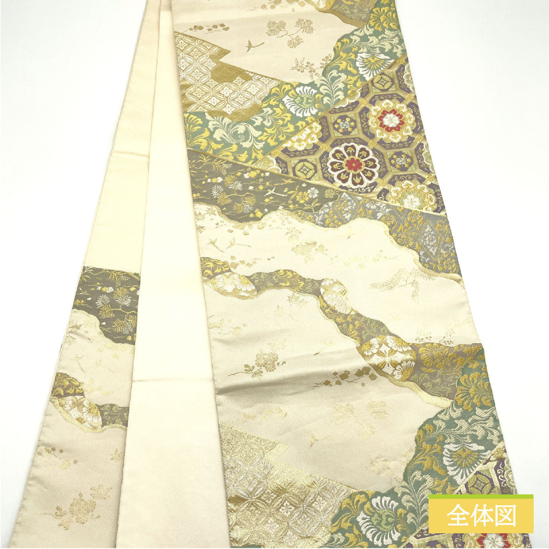 Fukuro Obi (sash), pure silk, B-grade, milky white, Nishijin-ori (fine weave), auspicious motifs, length 448cm, six-pass, formal, cream-colored, product number 1123016094315