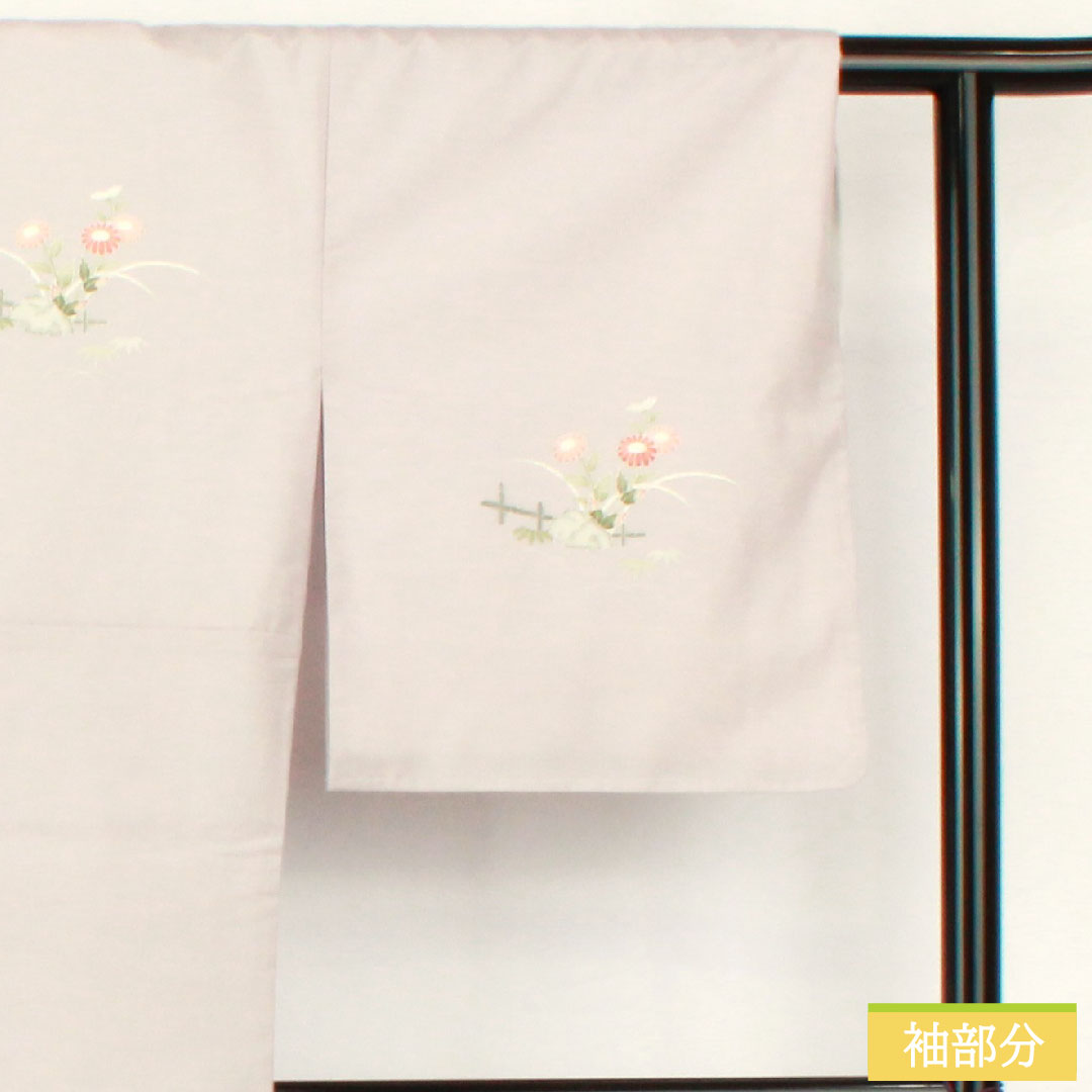 訪問着 ポリエステル 袷 身丈159cm 裄丈65.5cm 白藤色（しらふじいろ） 洗える着物 菊 桔梗 草花模様 しつけ糸付きSランク 紫系 1112005302320