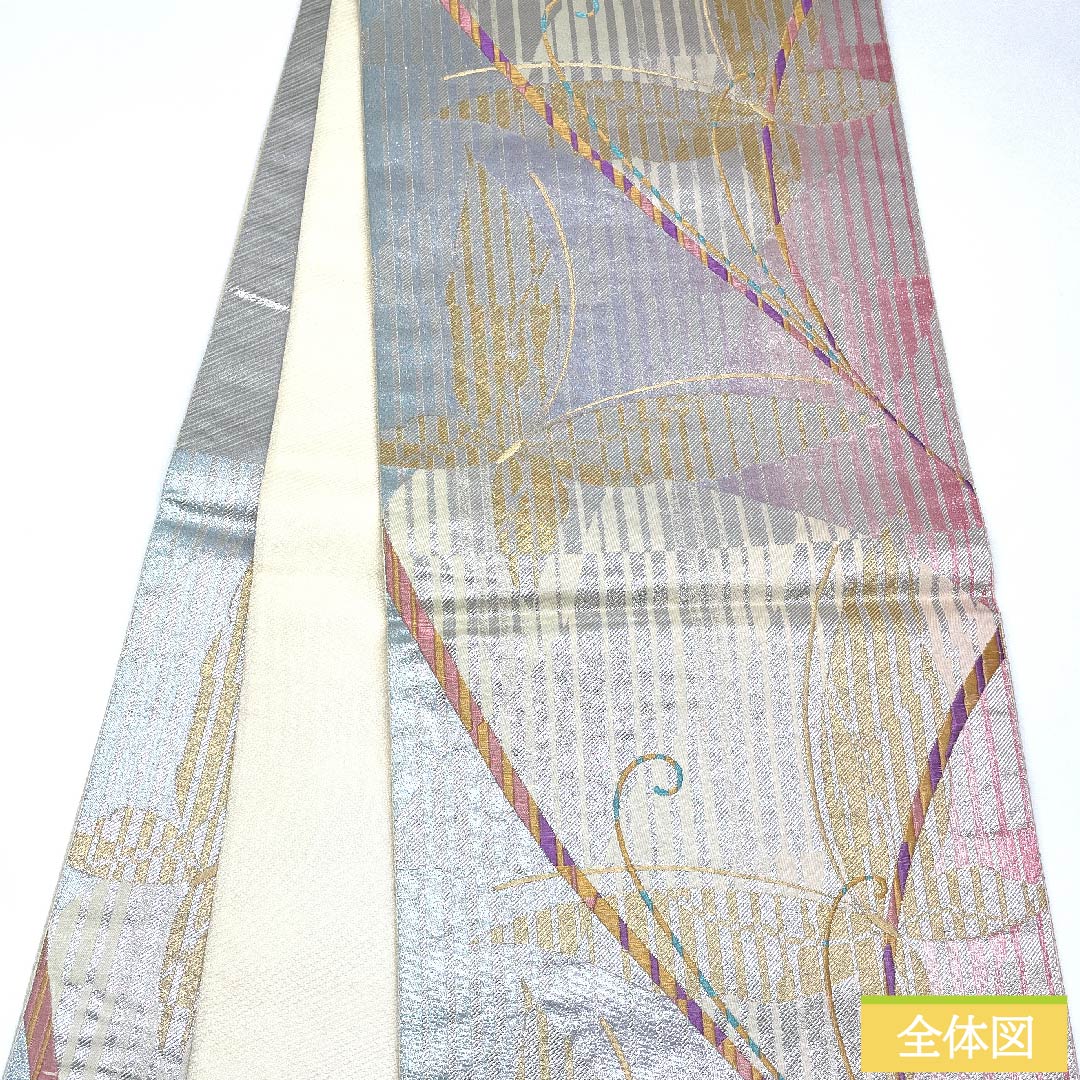 Silver-colored fukuro obi with butterfly pattern, obi length 428cm, pure silk, S rank, six-way, formal, silver-colored, 1123009962322