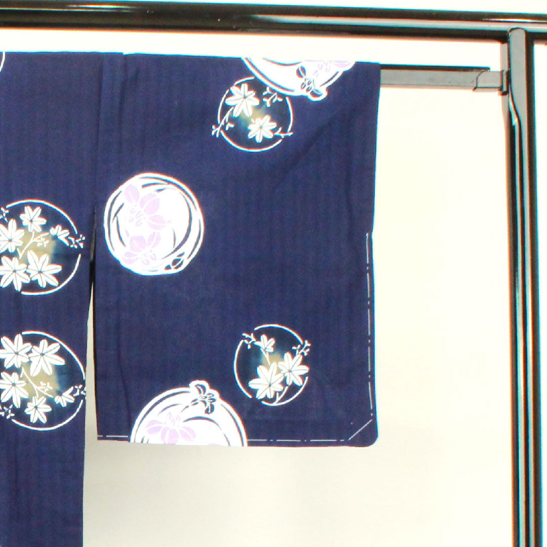 Yukata with basting thread, unused, dark blue, iris, cotton, S rank, single layer, length 166cm, sleeve length 67.5cm, navy blue, 1118002822518