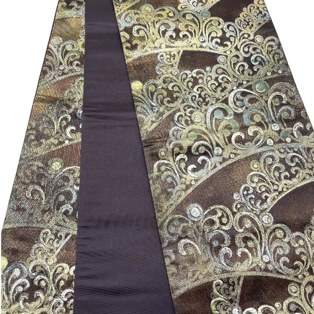 【Unhemmed】Fukuro-obi, pure silk, S rank, kenbo-iro, gold karakawa, abstract pattern, obi length 478cm, rokkaku, formal, brown, 1123006082414
