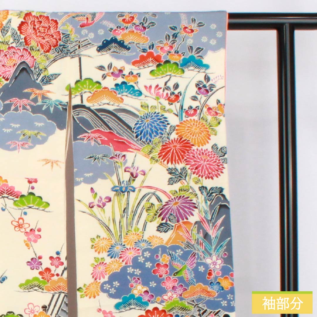 振袖 正絹 Bランク 身丈148.5cm 裄丈62cm 袷 生成り色（きなりいろ） 京紅型 吉祥文様    白系 1113002644111