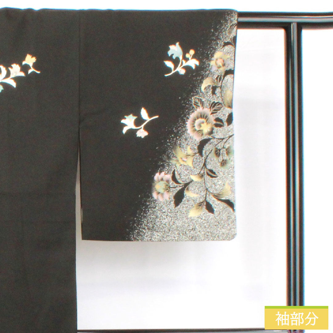 Homongi, pure silk, lined, length 158cm, sleeve length 62.5cm, Kyoto Yuzen, floral pattern, A rank, black, 1112005613310
