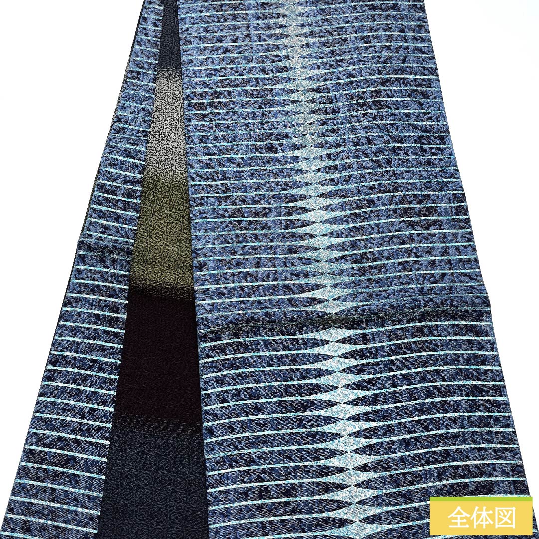 Fukuro Obi, pure silk, navy blue bellflower color, geometric pattern, long, obi length 462cm, S rank, full length, semi-formal, blue, 1123010772417
