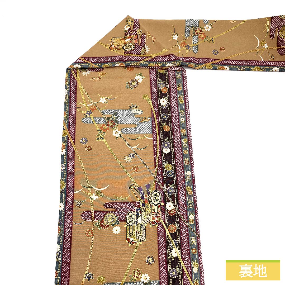 Nagoya obi, Asasugi dyed, Imperial carriage, chrysanthemum, cherry blossom, obi length 355cm, pure silk, S rank, full length, semi-formal, beige, 1124006532325, Nagoya tailoring