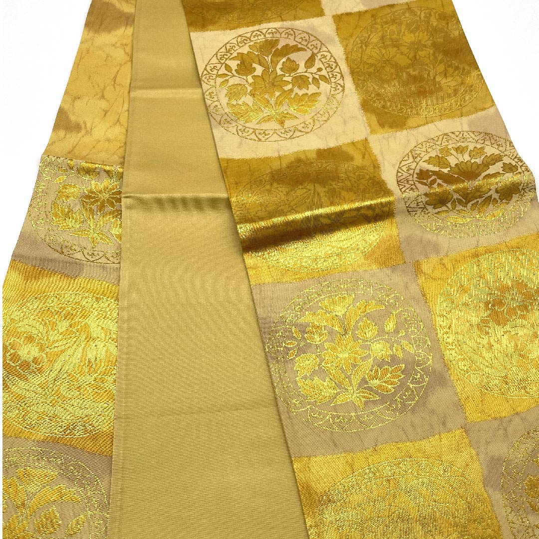 袋帯 薄卵色（うすたまごいろ） 市松模様 花丸模様 帯丈424cm 正絹 Sランク 六通 セミフォーマル 黄系 1123006622323