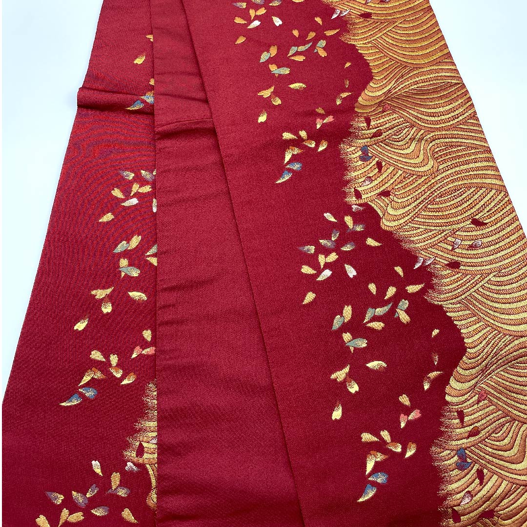 Nagoya obi, Kyoto fukuro obi, raw crimson, cherry blossom, abstract pattern, obi length 369cm, poly, A rank, full length, semi-formal, vermilion, 1124003433316, open style