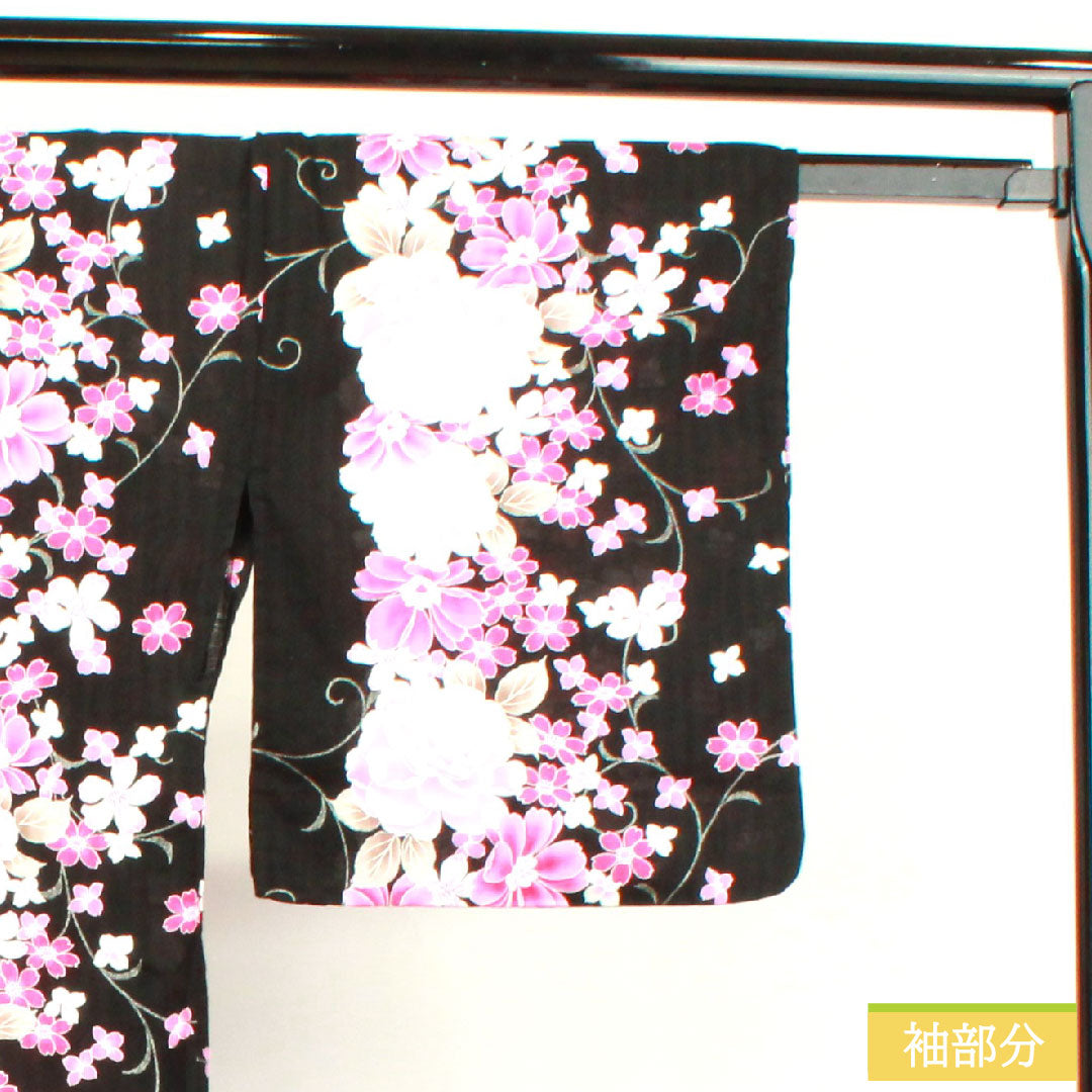 浴衣 木綿 身丈165.5cm 裄丈64.5cm Sランク 単衣 黒系 薔薇 桜 1118004512510