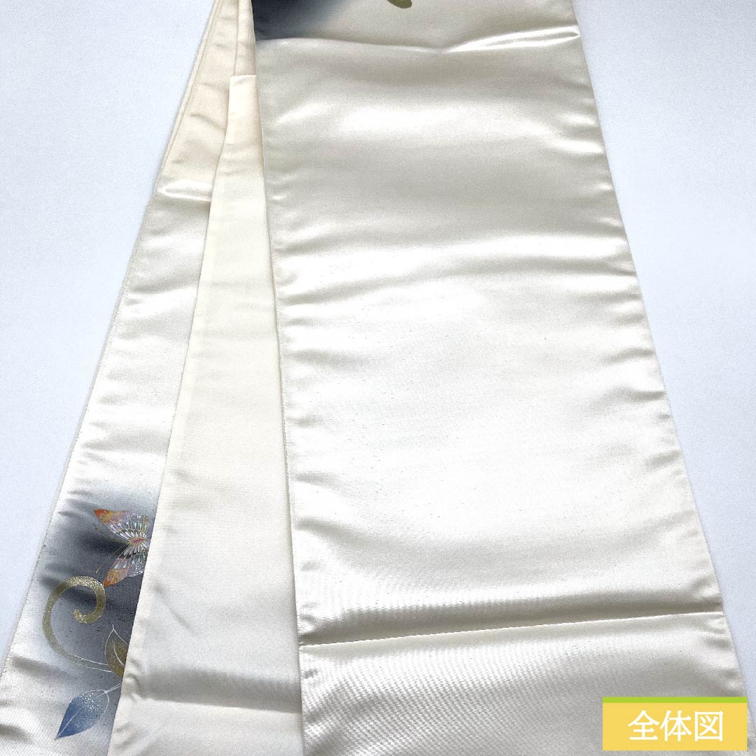 【未仕立】袋帯 正絹 Aランク 胡粉色（ごふんいろ） 蝶    帯丈438cm ポイント柄 セミフォーマル 白系 1123011253311