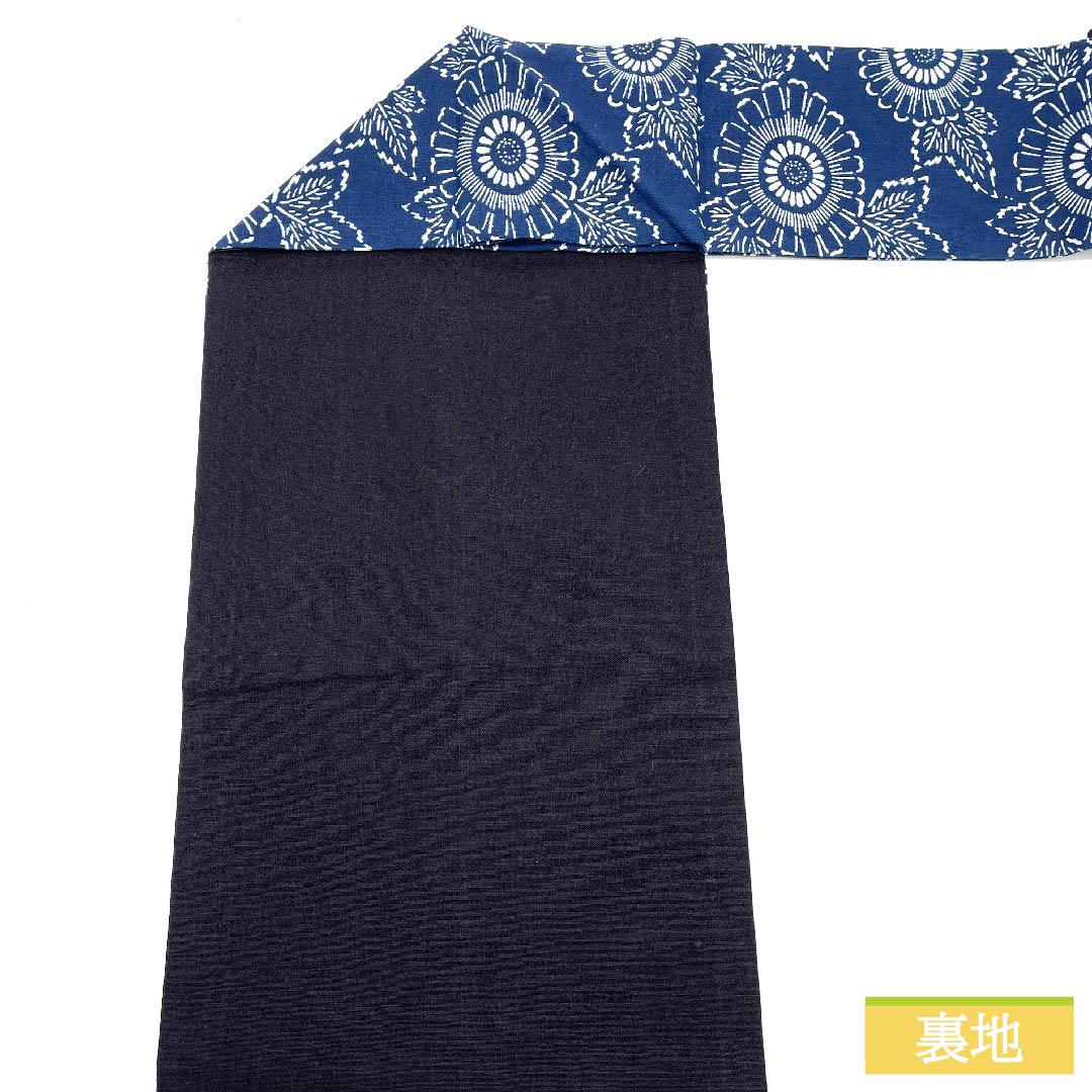 Nagoya obi, pure silk, navy blue, stencil dyeing, floral pattern, obi length 349cm, S rank, six-pass, casual, navy blue, 1124006272318, Nagoya tailoring