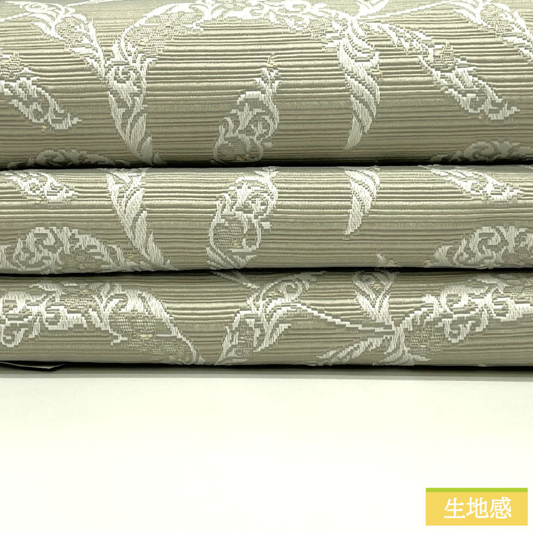 （新品）半幅帯 ポリエステル NEWランク 裏柳色（うらやなぎいろ） 早蕨色（さわらびいろ） 植物模様 花菱風 リバーシブル 帯丈400cm グレー系 1125002651422