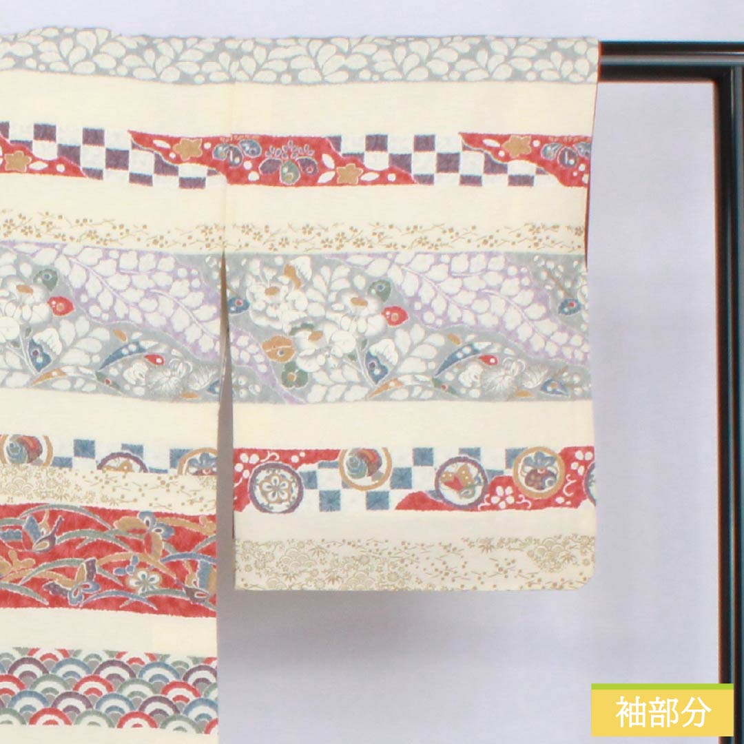 Homongi Silk S-rank Awase Length 156.5cm Sleeve-to-sleeve 63.5cm Neri-iro Kyo-Yuzen Horizontal stripes Classic pattern Cream 1112007712315