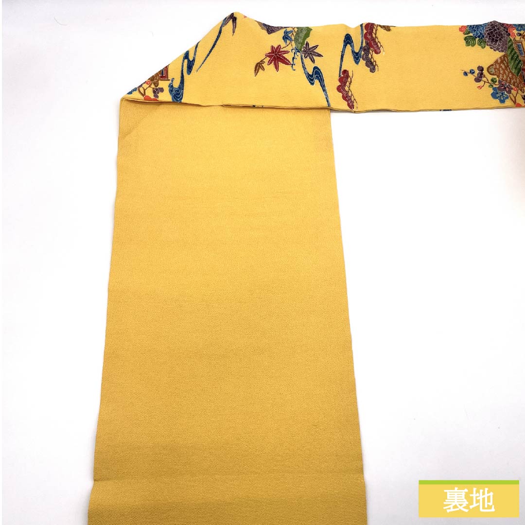 名古屋帯 正絹 Aランク 卵色（たまごいろ） ちりめん地 京紅型 三越ちりめん 帯丈347cm 全通 カジュアル 黄系 1124009193323 名古屋仕立て