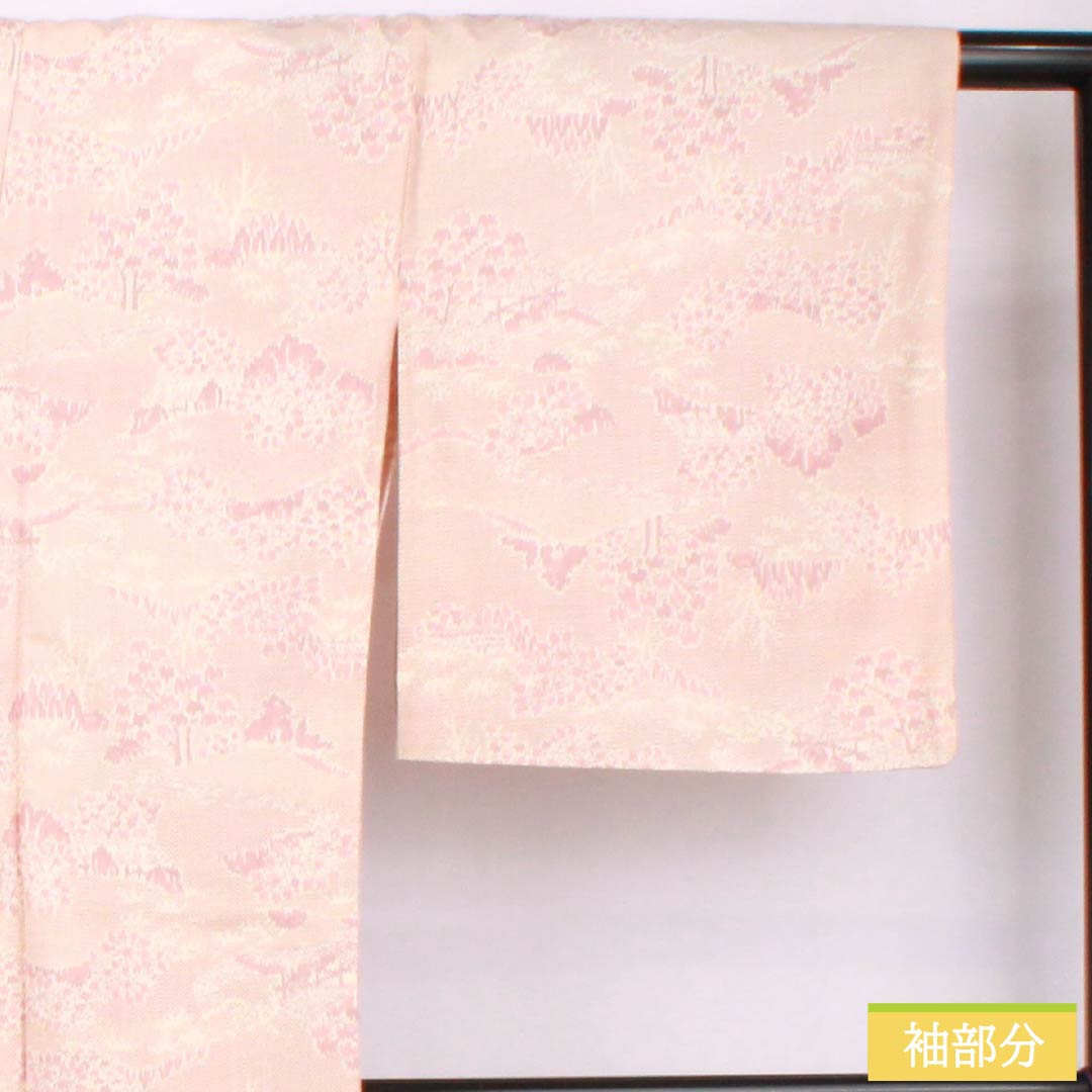 Pure silk tsumugi kimono, length 169.5cm, sleeve length 67cm, light purple (asa-kimono) color, landscape pattern, S rank, single layer, pink, product code 1116003822513