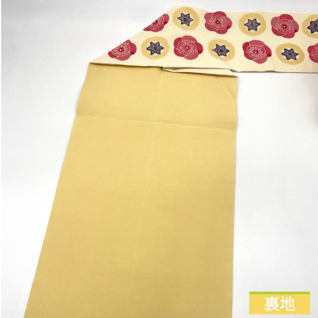 Nagoya obi, natural color (kinariiro), stencil-dyed, crepe fabric, twisted plum, obi length 360cm, pure silk, S rank, full length, casual, cream color, 1124007702315, Nagoya style