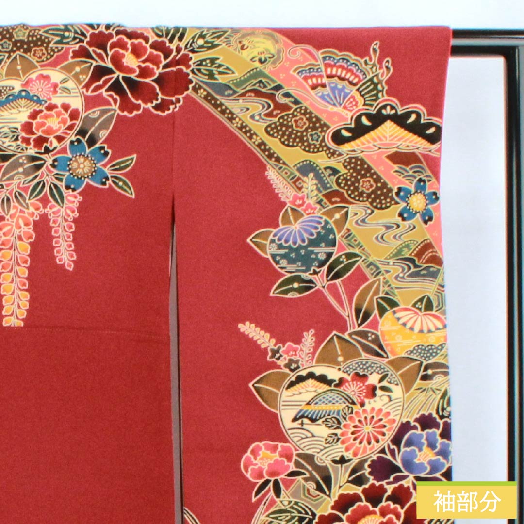 Kimono (Furisode) Pure Silk A Rank, Length 164.5cm, Sleeve-to-sleeve 67.5cm, Lined, Oxblood Red, Kyo-Bingata, Auspicious Motifs, Yume Guard Processed, Red tones, 1113002923412