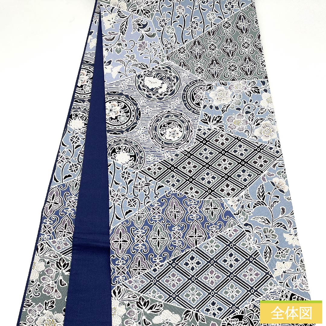 Fukuro Obi (light indigo blue) with a floral pattern and a cut-inlay look, obi length 453cm, pure silk, S rank, full length, casual, light blue, 1123009632424