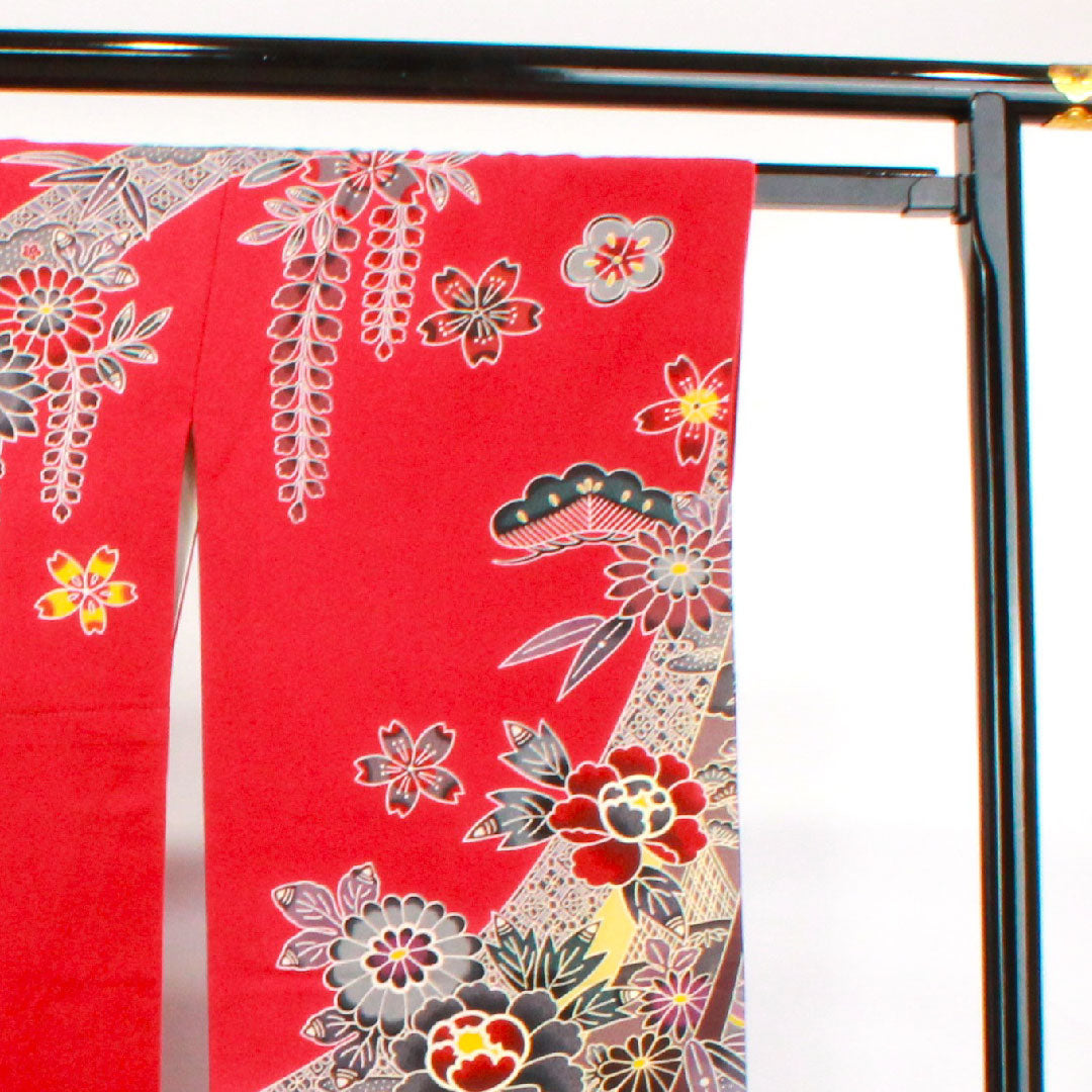 振袖 身丈167cm 裄丈68cm 袷  真紅色 京紅型 吉祥文様 スコッチガード加工  正絹 Sランク 赤系 1113001692512