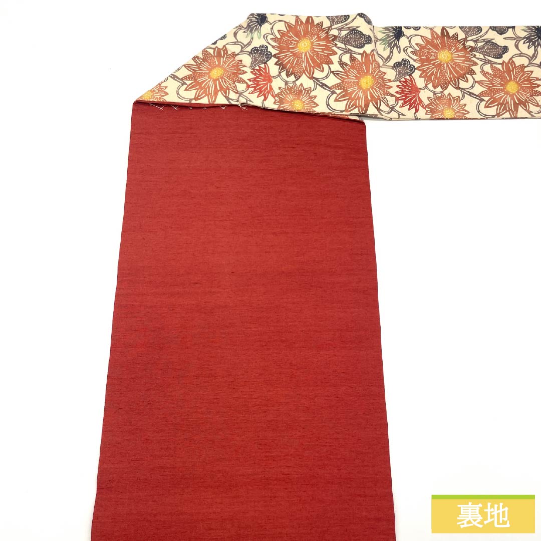 名古屋帯 正絹 Sランク 生成り色（きなりいろ） 型染 洋花模様 帯丈340cm 六通 カジュアル クリーム系 1124009772315 名古屋仕立て