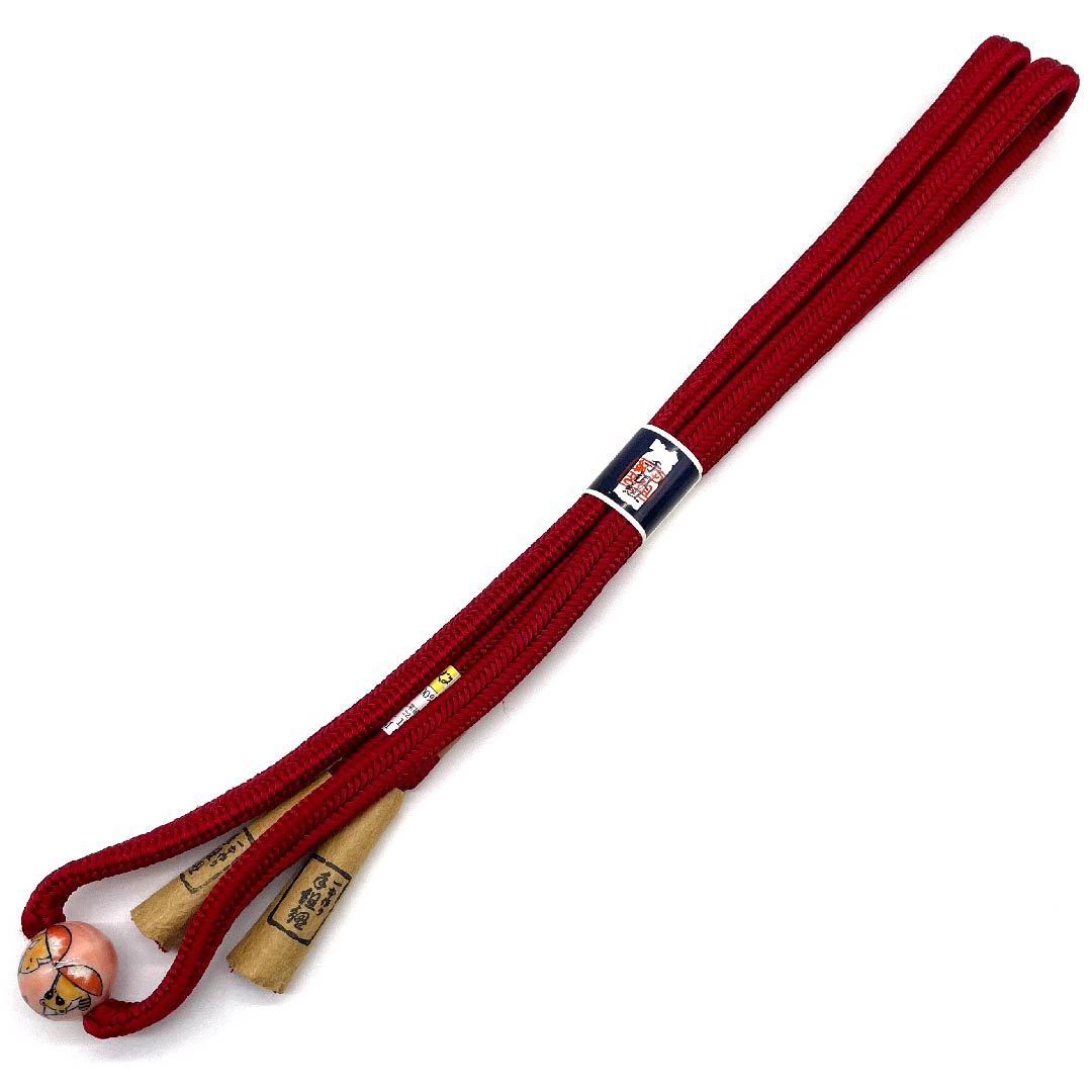 （新古品） 帯締め 正絹 四分紐 紅赤色（べにあかいろ） 手組紐 冠紐 京焼帯留め 長さ約136cm 幅約1cm カジュアル Sランク 赤系 1135000042312